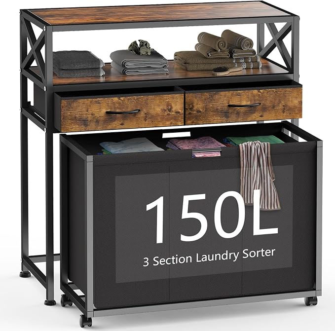 Laundry Hamper 3 Section, 150L Rolling Laundry Sorter Basket by Ollieroo
