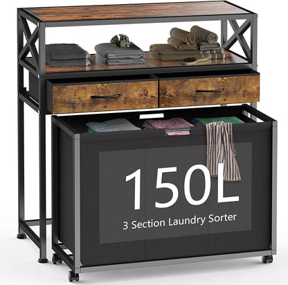 Laundry Hamper 3 Section, 150L Rolling Laundry Sorter Basket by Ollieroo