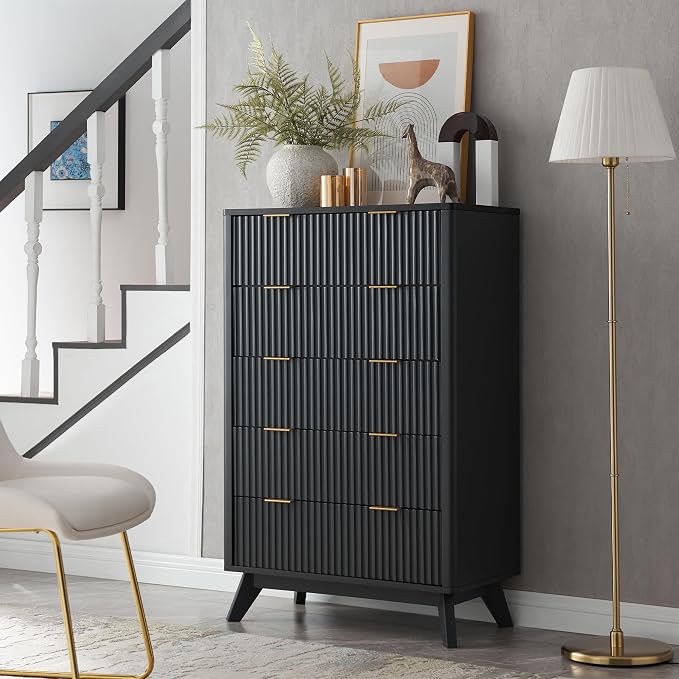 T4TREAM Fluted 5 Drawers Dresser, Curved Profile Design, Wood Drawer Organizer by T4TREAMFurniture