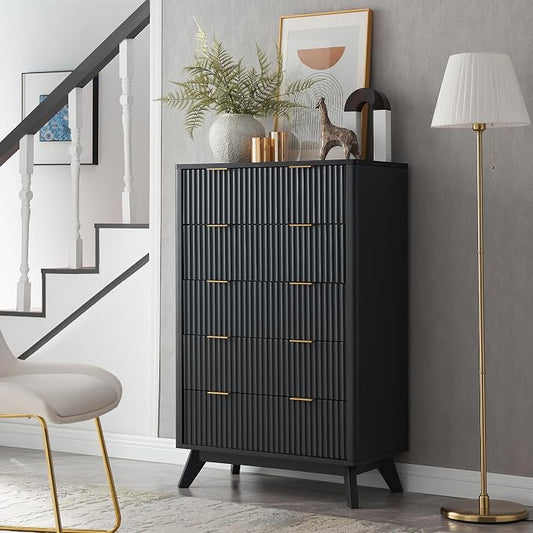 T4TREAM Fluted 5 Drawers Dresser, Curved Profile Design, Wood Drawer Organizer by T4TREAMFurniture