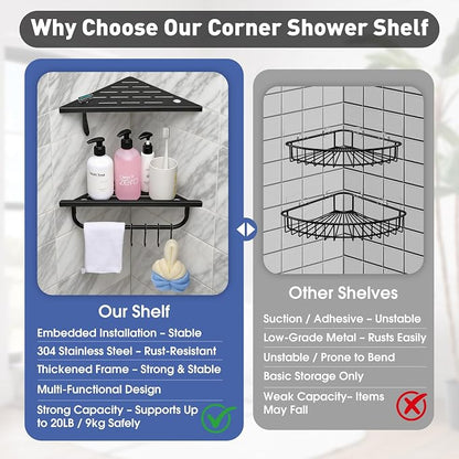Corner Shower Shelf, 304 Stainless Steel Recessed Bathroom Shelves, No Drilling - Image 7