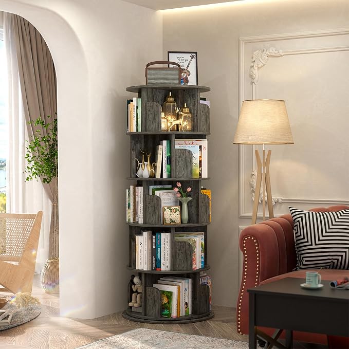 Aheaplus 5 Tier Rotating Bookshelf, Wood Spinning Bookshelf Tower, Round - Image 3