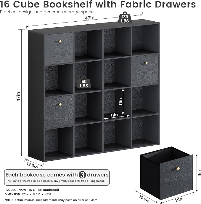 Black Cube Storage Organizer, 16 Open Cubes Bookshelf - Image 2