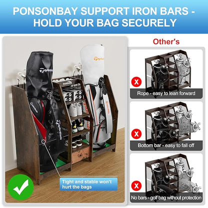 Golf Bag Storage Organizer for Garage, Premium Wooden 2 Golf Bags Rack - Image 4