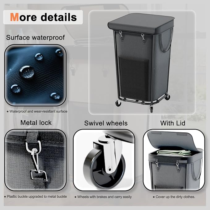 Laundry Basket with Lid and Wheels Rolling Laundry Basket, Removable Laundry - Image 3