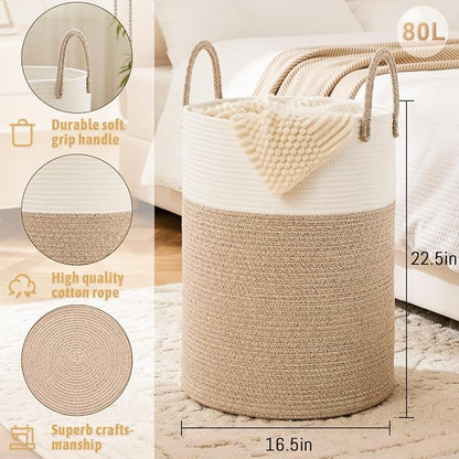 Laundry Basket, Woven Cotton Rope Laundry Hamper, 80L - Image 6