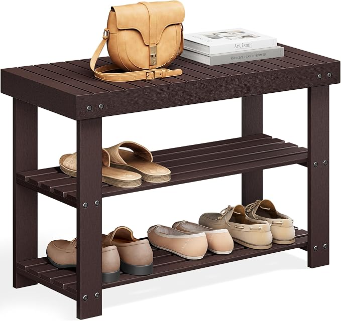 SONGMICS Shoe Rack Bench, 3-Tier Bamboo Shoe Storage Organizer, Entryway Bench by Unknown