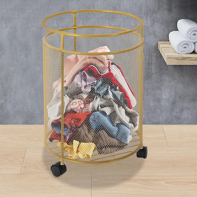 Laundry Hamper with Wheels, Round Metal Laundry Basket Cart, Portable Laundry - Image 2