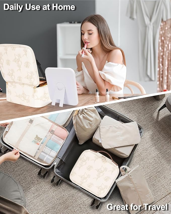 Relavel Travel Makeup Bag with LED Mirror, Lily Flower | Portable Cosmetic - Image 7