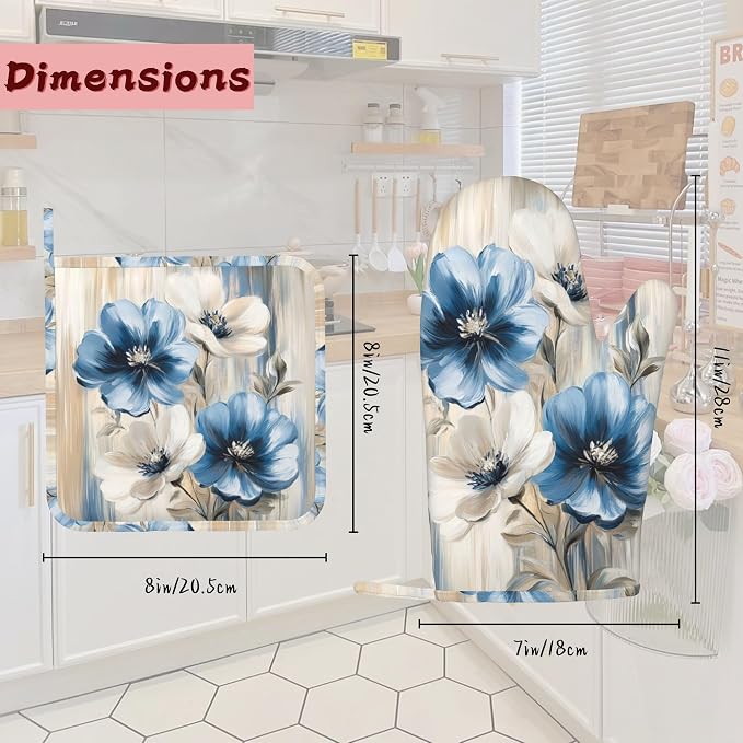 Flower Heat-Resistant Silicone Oven Mitts and Pot Holders, Flower on Marble Art - Image 2