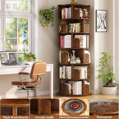Aheaplus 6 Tier Rotating Bookshelf, Wood Spinning Bookshelf Tower, Round - Image 4