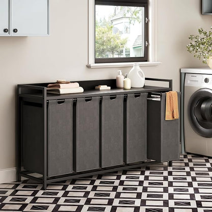 Laundry Hamper with Shelf, Laundry Basket 5 Section, Laundry Sorter with - Image 2