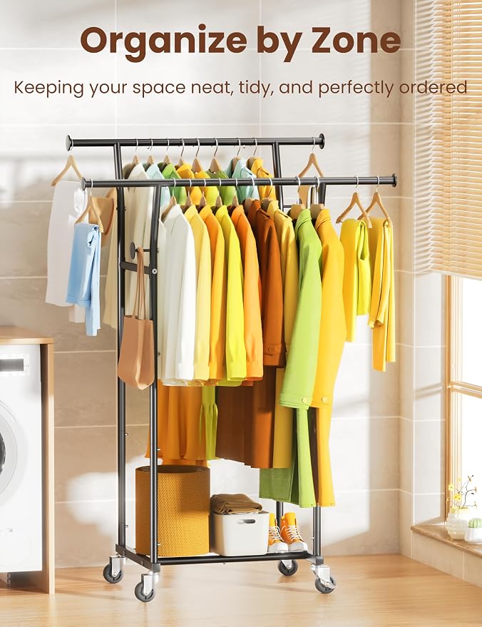 Double Rods Clothes Rack, Rolling Clothing Rack - Image 6