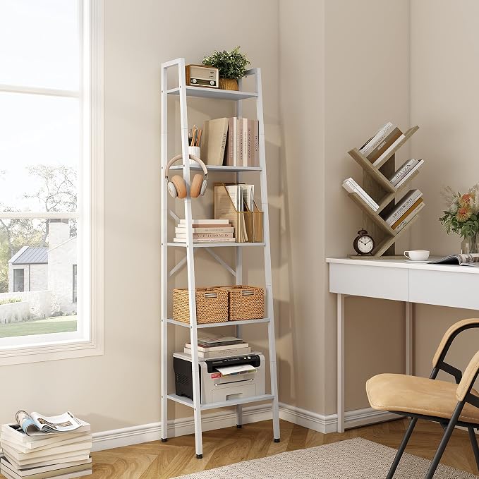 Hoctieon 5-Tier Industrial Ladder Bookshelf, Narrow Ladder Shelf, Tall Standing - Image 3