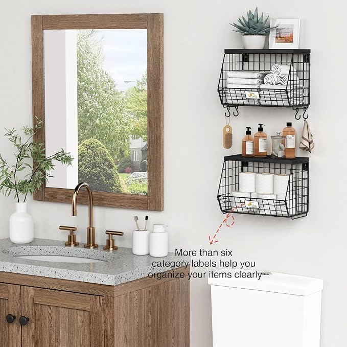 Goozii Black Kitchen Wall Hanging Storage Basket Set of 2, Rustic Stackable - Image 4