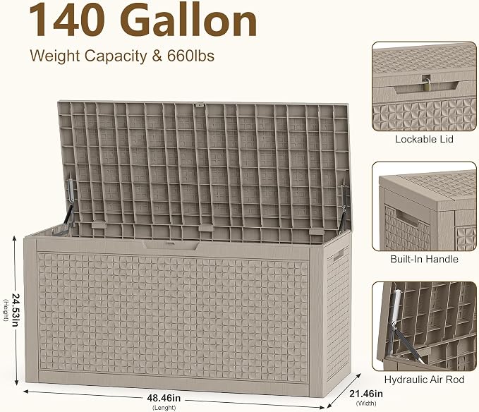 140 Gallon Outdoor Storage Box, Large Resin Deck Box, Waterproof Lockable - Image 7