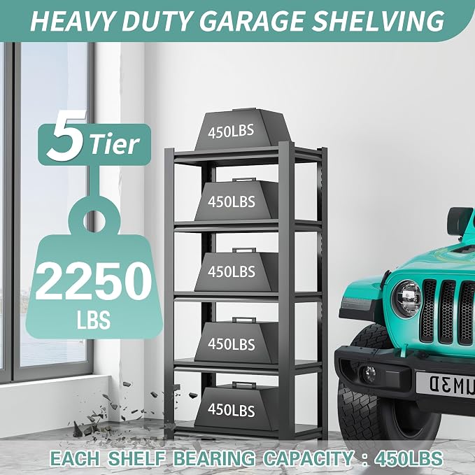 60" H Garage Shelves, Garage Shelving Heavy Duty, 3000Lbs 5 Tier Adjustable - Image 4