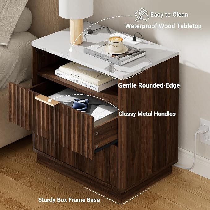 Large Fluted Night Stand with Charging Station, 2 Drawers Nightstand with - Image 5