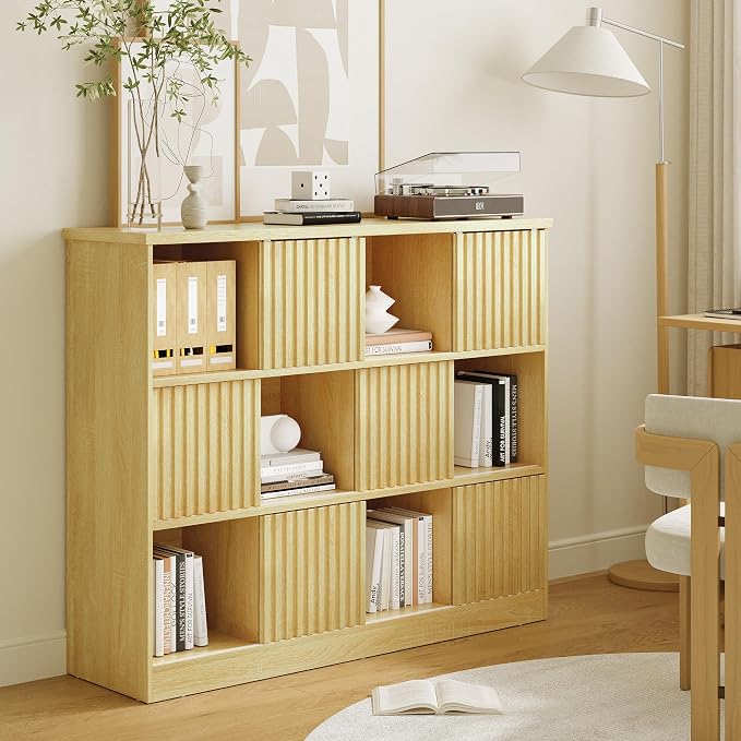 iPormis 12 Cube Bookcase with 6 Fluted Sliding Doors, 3 Tier Wooden Bookshelf - Image 4