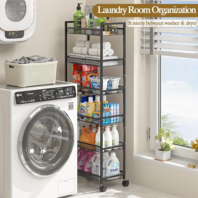 6 Tier Slim Rolling Storage Cart, Narrow Mobile Shelving Unit Organizer Utility - Image 4