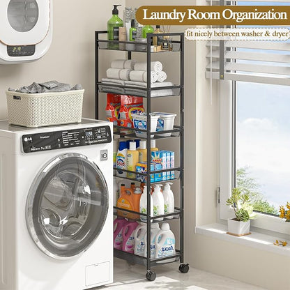 6 Tier Slim Rolling Storage Cart, Narrow Mobile Shelving Unit Organizer Utility - Image 4