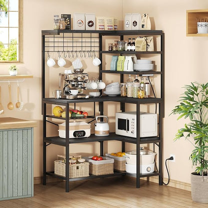 L-Shaped Bakers Rack with Power Outlet, 6-Tier Microwave Stand with Open Storage - Image 7