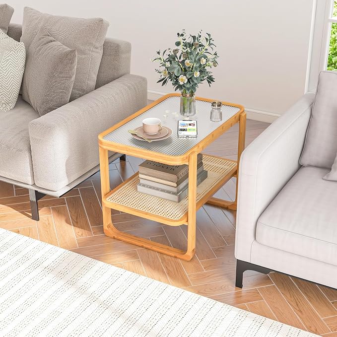 GOFLAME Bamboo Side Table with Glass Top, 2-Tier End Table with PE Rattan - Image 2