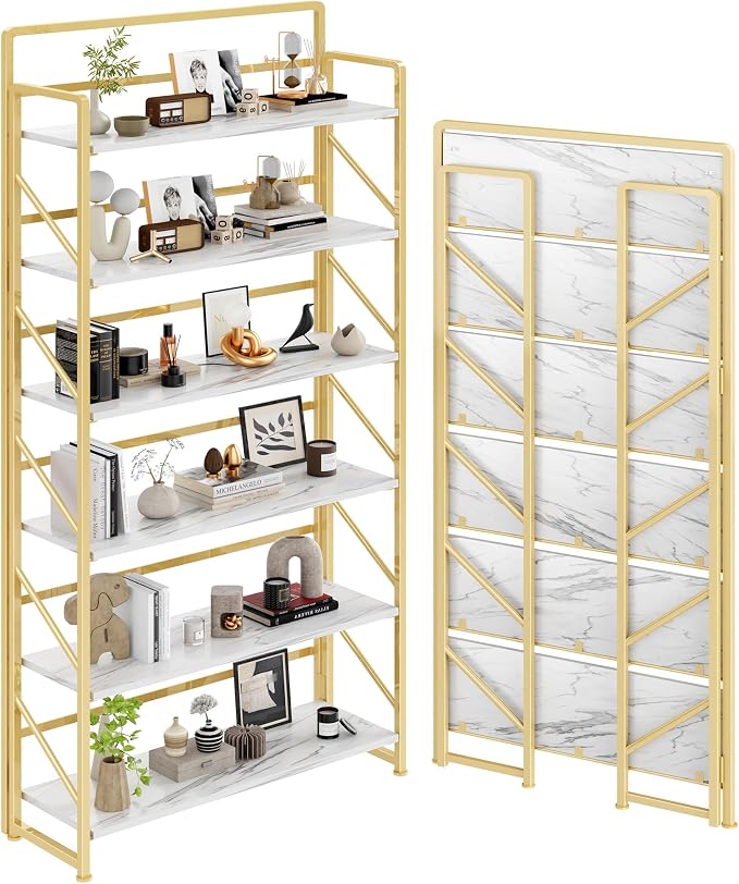 JSB 6 Tier No Assembly Folding Bookshelf, 30.3" Wide Foldable Storage Bookcase by HomeFurniture