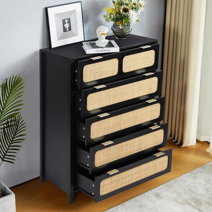 5 Drawer Dresser with Rattan Finish, Modern Farmhouse Chest of Drawers with - Image 4