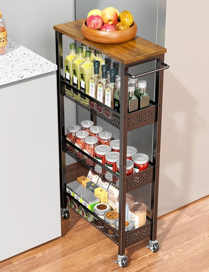 Utility Slim Storage Cart, 4 Tier Small Rolling Kitchen Laundry Room Cart - Image 9