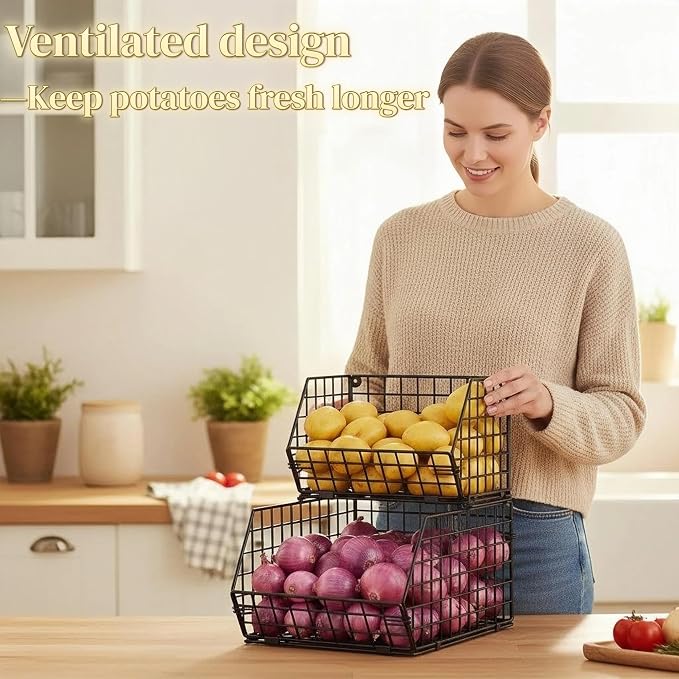 2-Tier Potato and Onion Storage Bin, Stackable Wire Baskets - Image 6