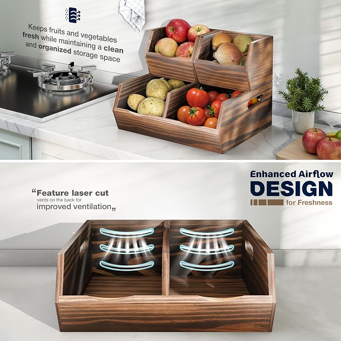 Acacia Wood Pantry Storage Bins – Stackable Open Front Kitchen Baskets - Image 4