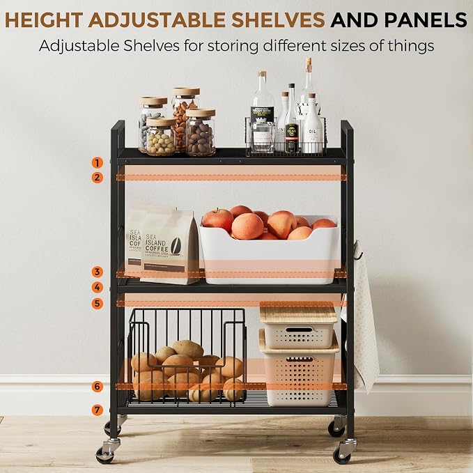 3-Tier Metal Storage Rack with Industrial Wheels, Mesh Shelving Unit with - Image 4