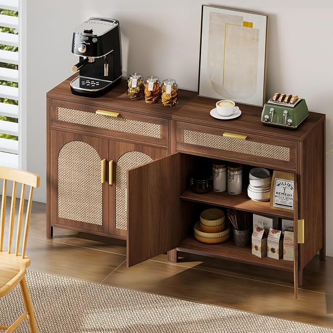 Rattan Buffet Cabinet with Storage Set of 2, Sideboard Cabinet with Doors and - Image 5
