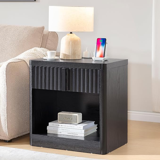 Fluted Nightstand with Charging Station, 23.6" End Table with Open Shelf and by YANSNWO