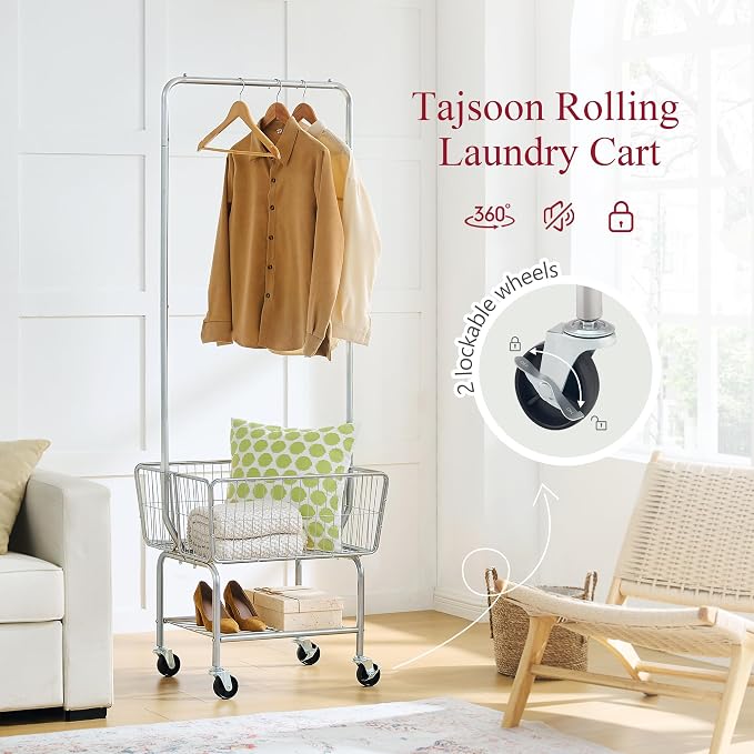 Tajsoon Laundry Cart with Hanging Rack, Metal Rolling Laundry Cart with Wheels - Image 5