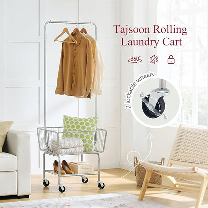 Tajsoon Laundry Cart with Hanging Rack, Metal Rolling Laundry Cart with Wheels - Image 5