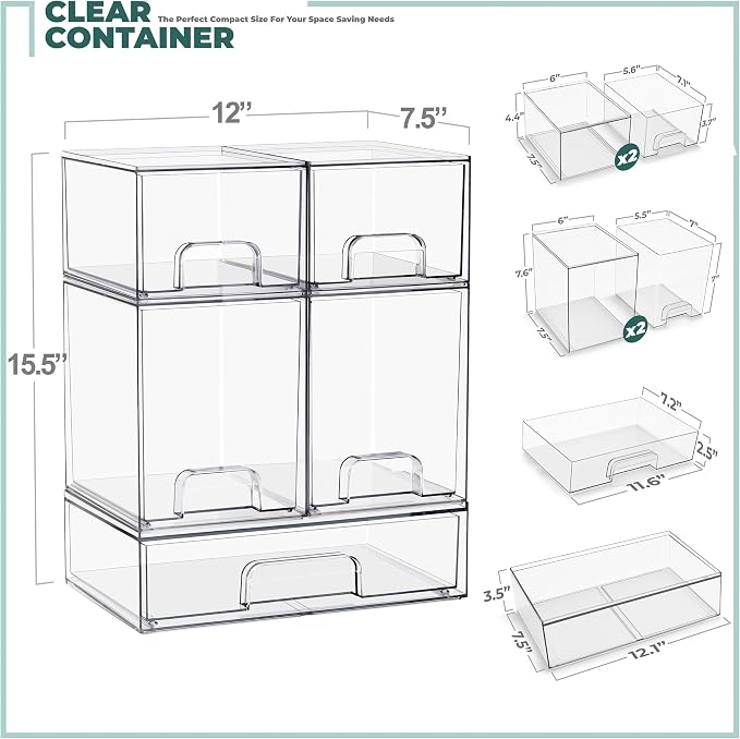 Sorbus Stackable Acrylic Storage Drawers – 2 Small + 2 Tall + 1 Wide – 5 Pack - Image 3