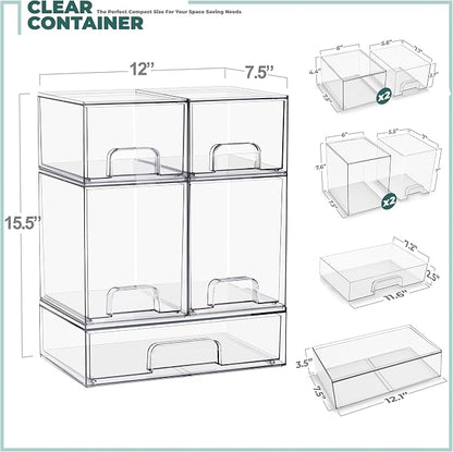 Sorbus Stackable Acrylic Storage Drawers – 2 Small + 2 Tall + 1 Wide – 5 Pack - Image 3