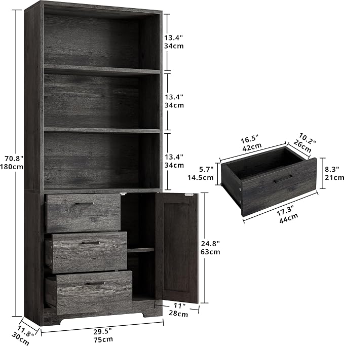 IRONCK Bookshelf with Door and 3 Drawers, 71in Tall Bookcase Shelf with 3-Tier - Image 3