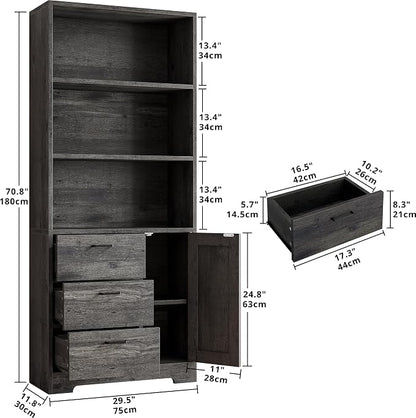 IRONCK Bookshelf with Door and 3 Drawers, 71in Tall Bookcase Shelf with 3-Tier - Image 3