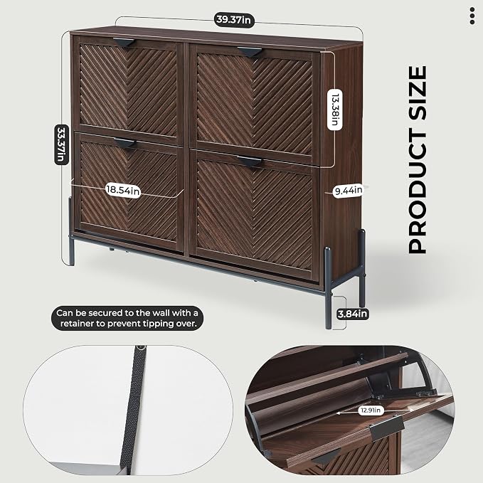 Shoe Cabinet with 4 Flip Drawers, Narrow Entryway Rack, Freestanding, - Image 2