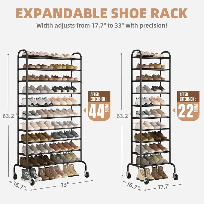 STORAGE MANIAC 10-Tier Expandable Shoe Rack, 44 Pairs Tall Vertical Shoe Rack - Image 3