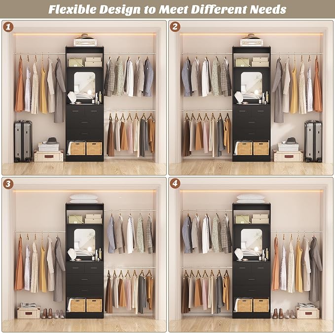 Unikito 8FT Closet System with Mirror and 3 Extendable Hanging Rods, 4 Wood - Image 5