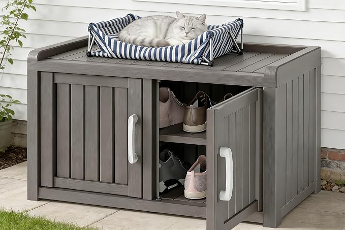 2-Tier Storage Bench, Waterproof UV-Resistant Outdoor Shoe Storage Cabinet by NBYSGO
