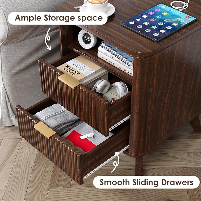 Nightstand with Charging Station, Fluted Nightstand with LED Lights, Modern - Image 4