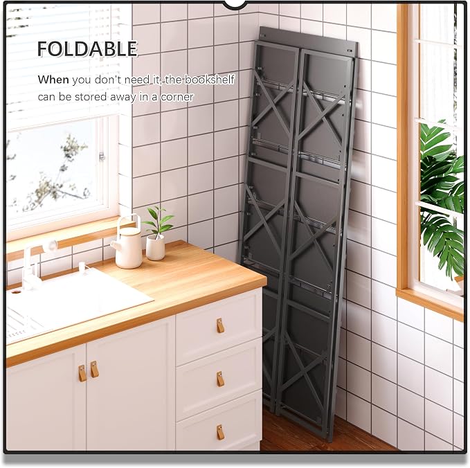4NM 6 Tiers No Assembly Book Shelves, 61.8" H Folding Bookshelf Bookcase Open - Image 4