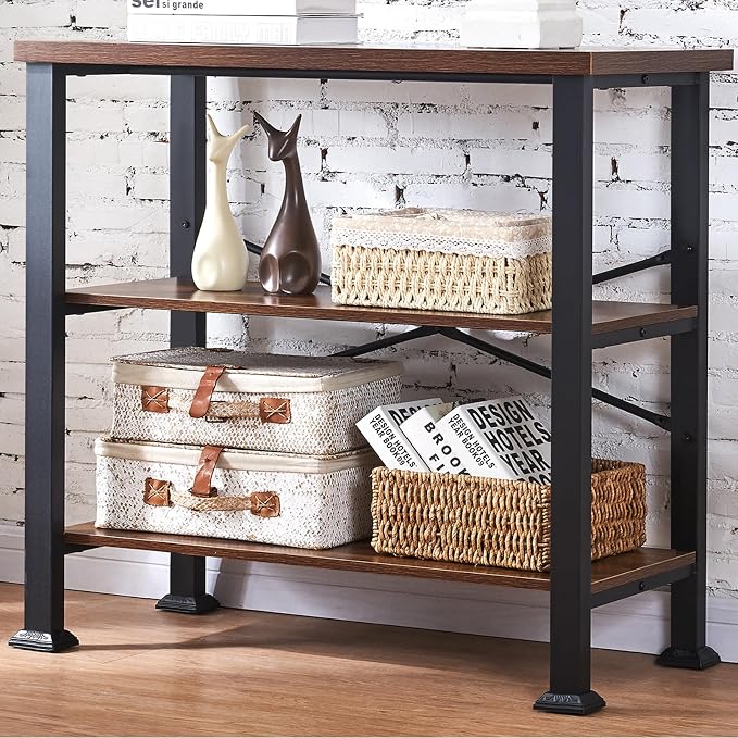 HOMBAZAAR 3 Tier Bookshelf, Rustic Brown Industrial Book Shelf, Engineered Wood by Hombazaar