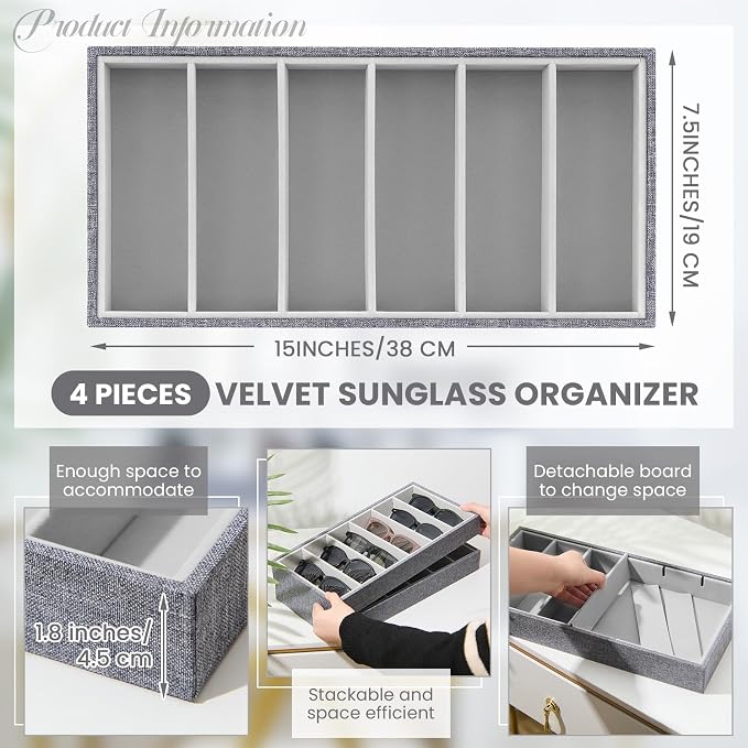 4 Pcs Velvet Sunglasses Organizer Tray 6 Grid Sunglass Organizer Velvet Tray - Image 2