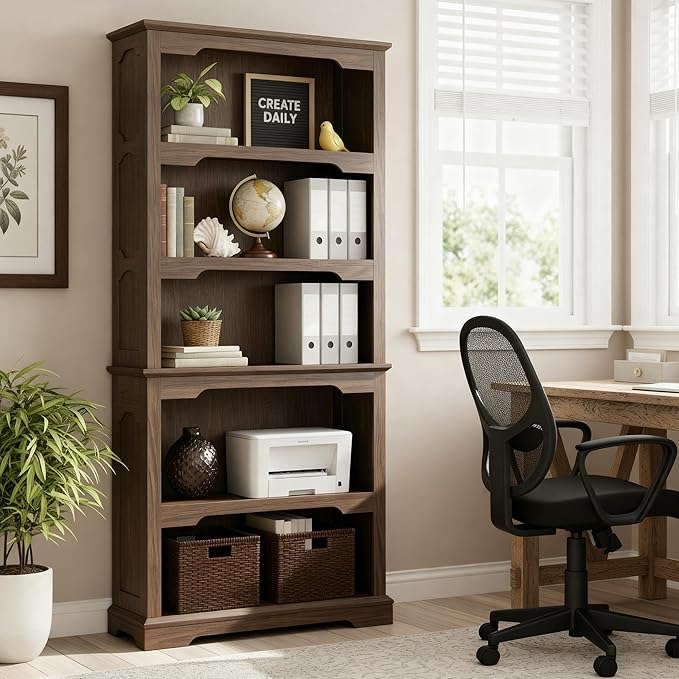 70 Inch Farmhouse Bookcase, Walnut Two-Tone Shelves, 5 Tier Bookshelf by Unknown